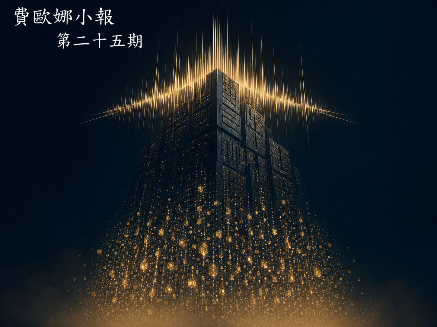 伺服器高塔頂端金色聲波炸開，底部金色token顆粒墜落漸稀——資本堆得越高，代價越輕薄難辨